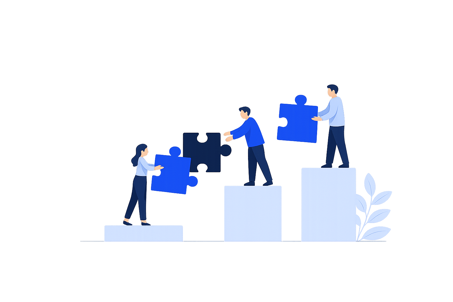 Illustration of a team collaborating by assembling puzzle pieces together